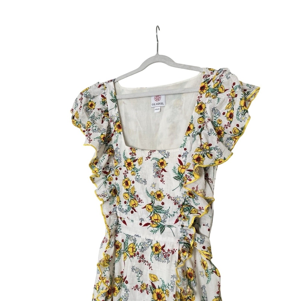 Gul Hurgel Floral White Yellow Ruffle 100% Linen Dress Pinafore Pockets Small - Picture 3 of 16